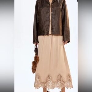 H&M lace trimmed Satin Beige Skirt with Lace Trim